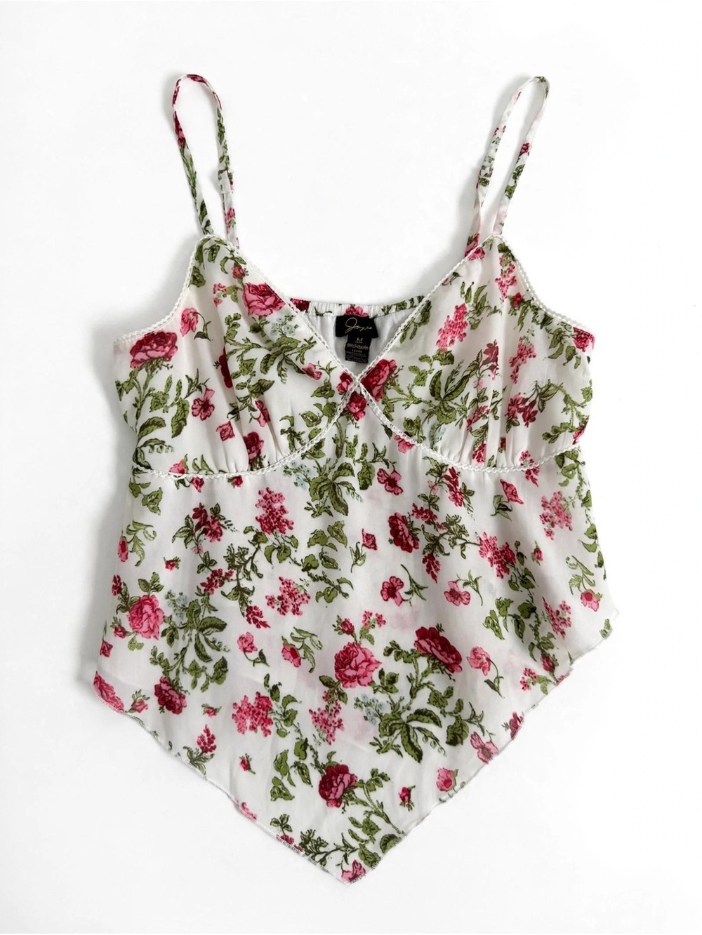 Japna Juniors White Floral Handkerchief Hem Cami Top - Pink & Green